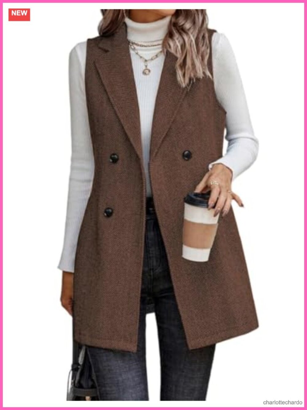 Women's Sleeveless Tweed Vest Blazer Long Cardigan Outerwear Notch Lapel Double